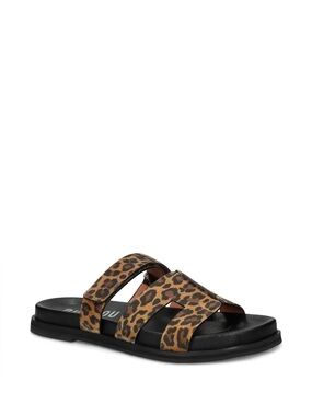 BIBI LOU Mindy Flat Leather Sandal Leopard Print Brown Slides Sz 41/11